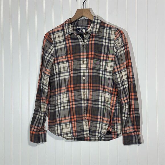 The North Face Plaid Flannel Shirt M Orange Brown Cream Button Up 100% Cotton - Picture 1 of 8
